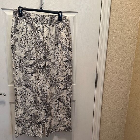 Tahari 100% Linen Wide Leg Black and White Floral Pants (Elastic Waist) Size Lar